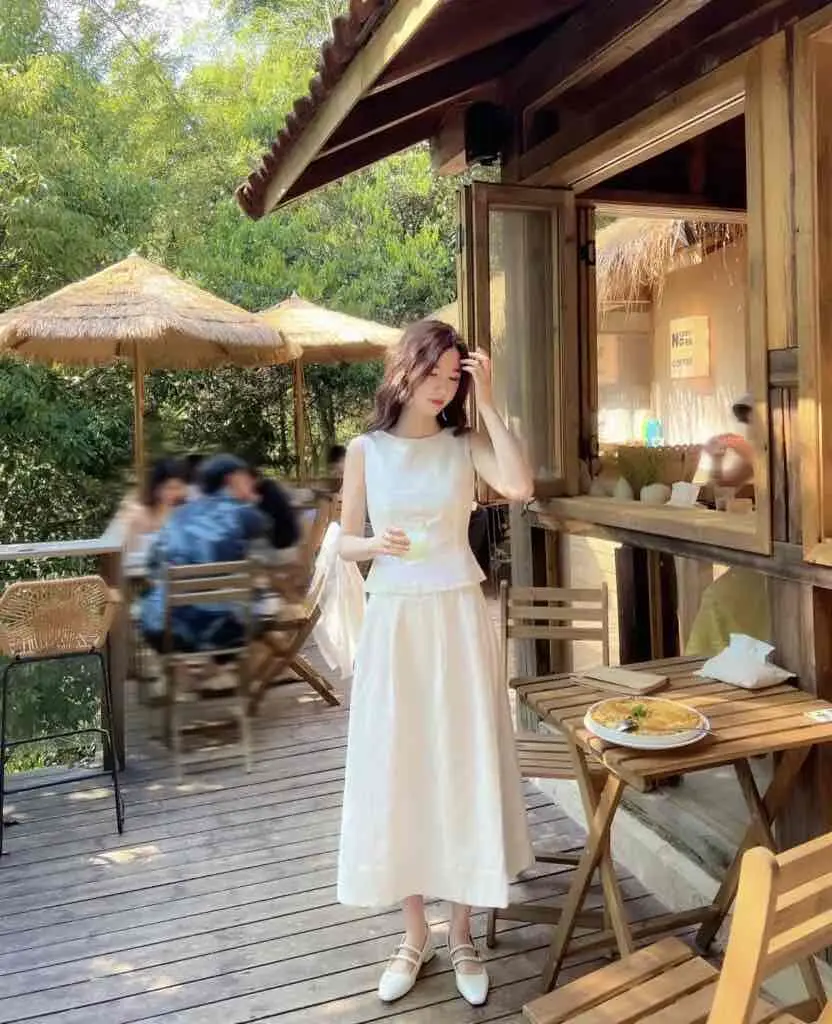 [M明星衣柜]欧阳娜娜同款老钱风白色亚麻连衣裙女棉麻裙子套装高端