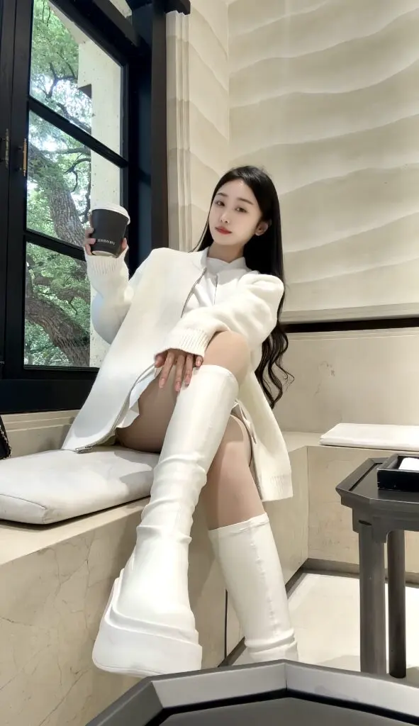 [长腿叔叔定制女鞋]白色ub长筒靴厚底靴子女夏季弹力瘦瘦靴增高长靴