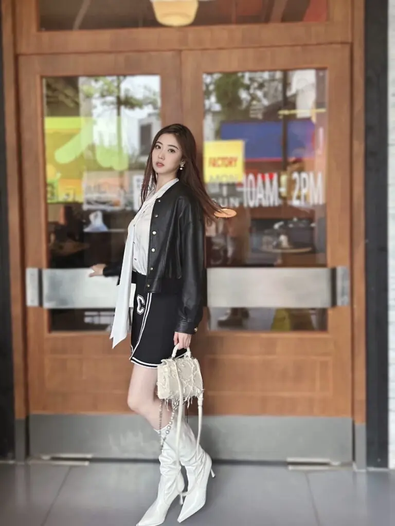 [初系]白色长筒靴高跟尖头高筒长靴秋季细跟不过膝褶皱堆堆靴