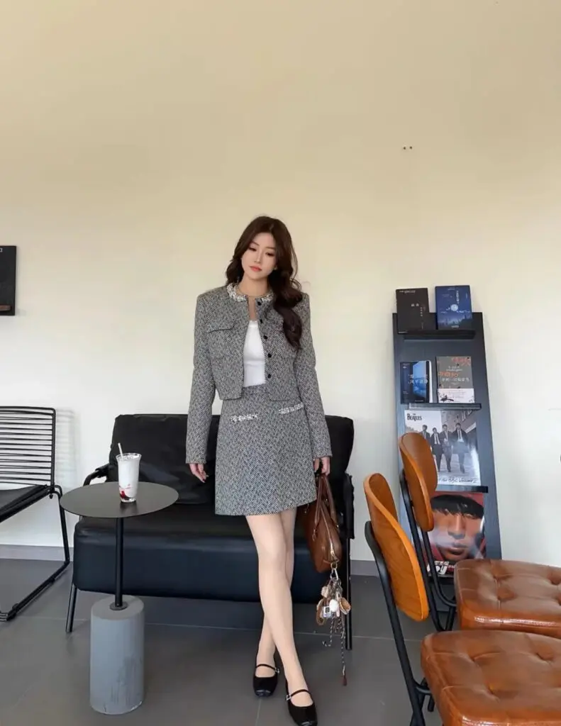 [红人工坊]赵丽颖同款灰色人字纹小香风高级感套装女小个子名媛显瘦毛呢外套