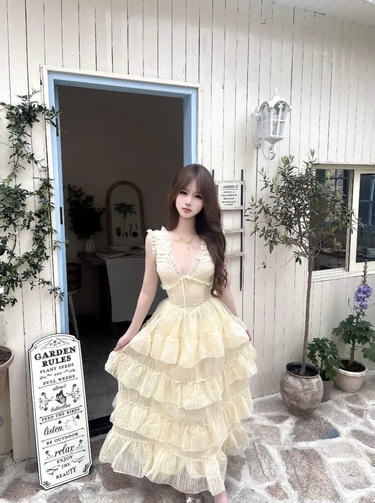 [一颗甜桃yikett]《斯嘉丽裙摆》重工V领吊带连衣裙女收腰显瘦长裙