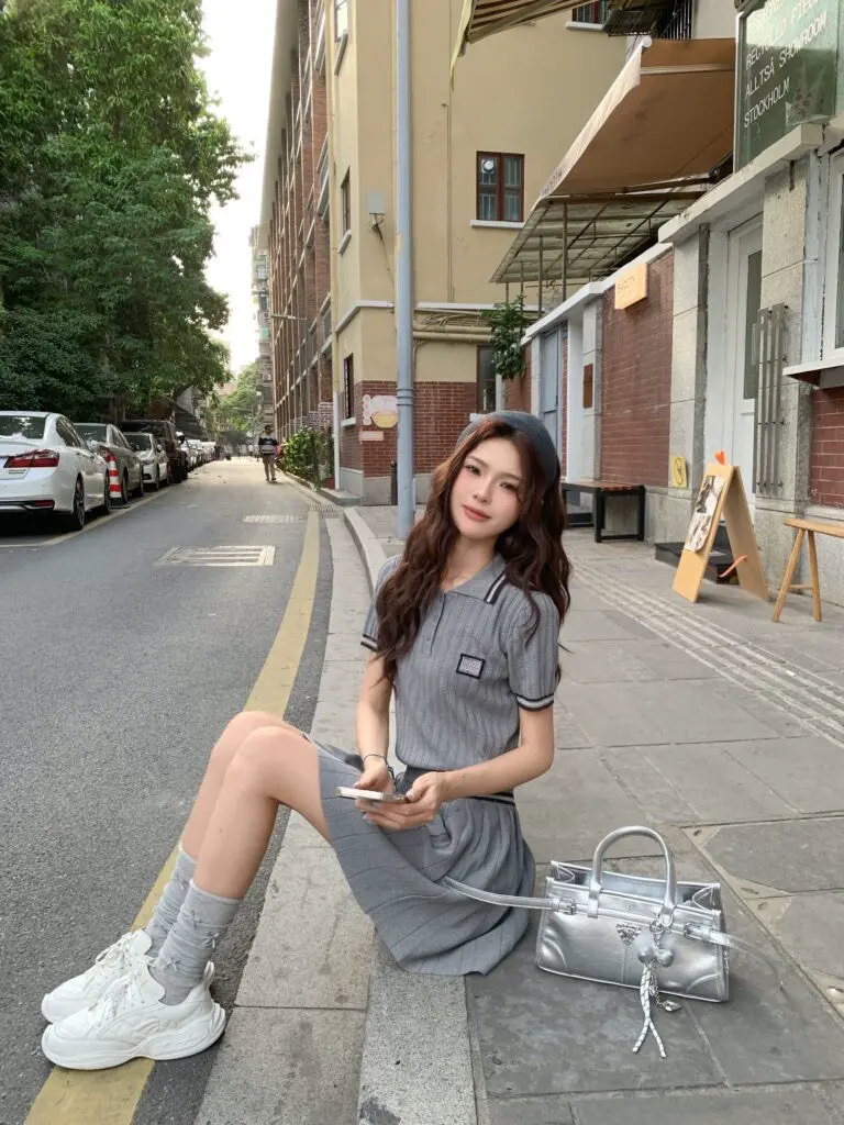 [MoodBerry]美式miu系POLO领短袖T恤女夏A字百褶裙学院风半身裙套装