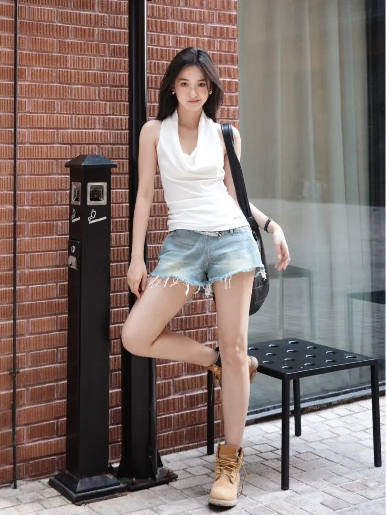 「RuirUirul」月光白罗纹背心夏季挂脖荡领水纹弧线剪裁上衣