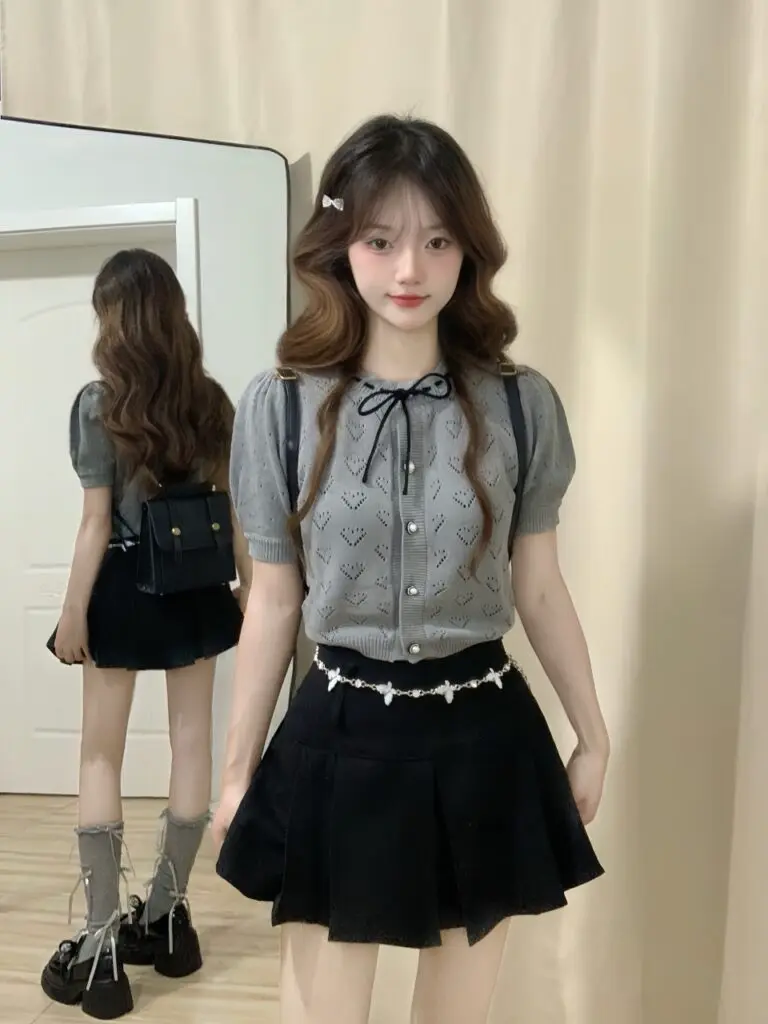 NEW EMPIRE原创设计短款上衣小个子薄爱心镂空灰色短袖针织开衫女