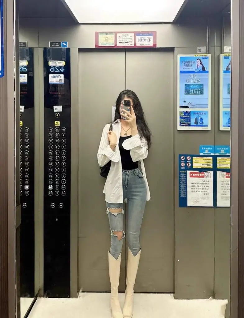 Hunnz 白色长靴女秋冬百搭显瘦真皮粗跟中筒靴不过膝弹力瘦瘦靴