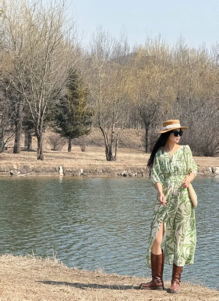 HeyDress法式树叶印花连衣裙女夏季绿色收腰海边度假风气质长裙子