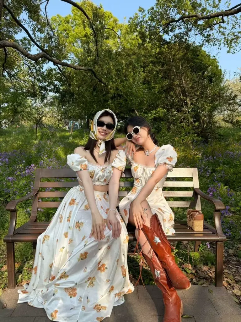 【刘亦菲同款】NanaJacqueline原创蕾丝花边泡泡袖印花连衣裙女夏