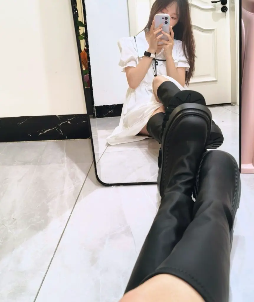 安小夕~堆堆靴厚底高筒显瘦长筒靴女秋冬黑色小个子瘦瘦靴女