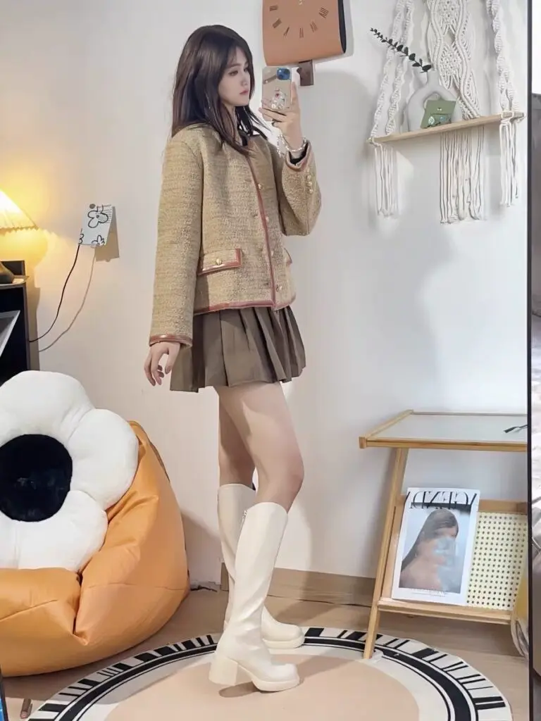 安小夕~白色长筒靴女高跟v口高筒骑士靴厚底小个子粗跟瘦瘦靴