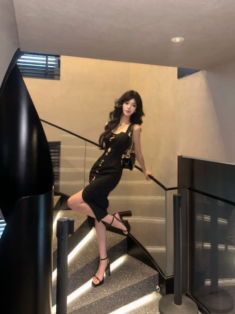 MAI DIRE MAI复古纽扣收腰开叉包臀优雅气质吊带连衣长裙女夏显瘦